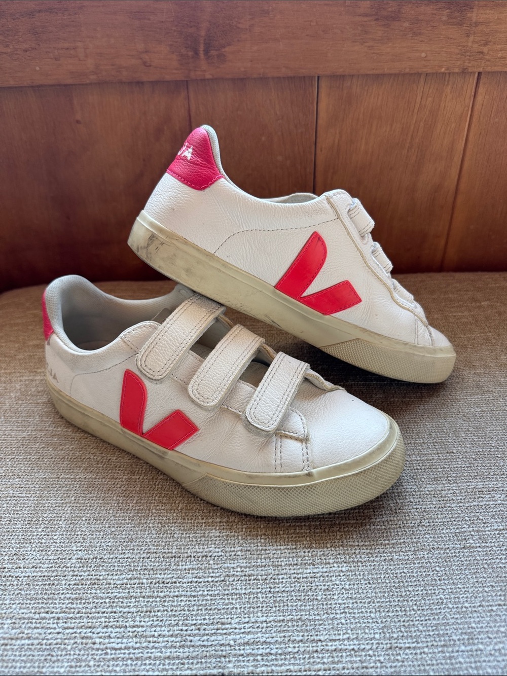 Veja “Recife” White Leather Sneakers with neon Pink Accents, size 39/8